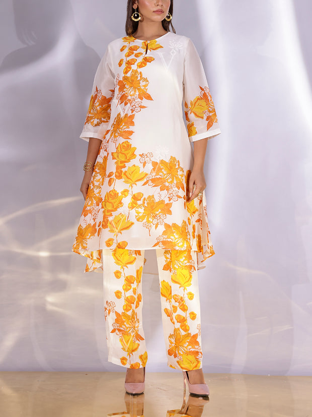 White and Yellow Floral Printed Vasansi Silk Co Ord Set