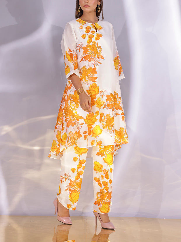 White and Yellow Floral Printed Vasansi Silk Co Ord Set