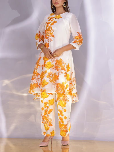 White and Yellow Floral Printed Vasansi Silk Co Ord Set