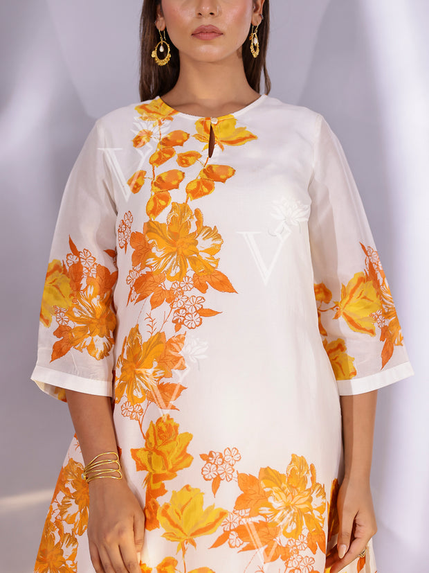 White and Yellow Floral Printed Vasansi Silk Co Ord Set
