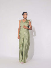 Green Satin Silk Drape Saree