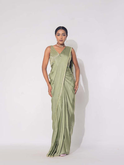 Green Satin Silk Drape Saree