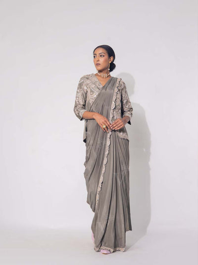 Grey Crep Drape Saree
