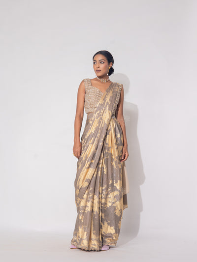 Brown and Golden Shimmer Drape Saree