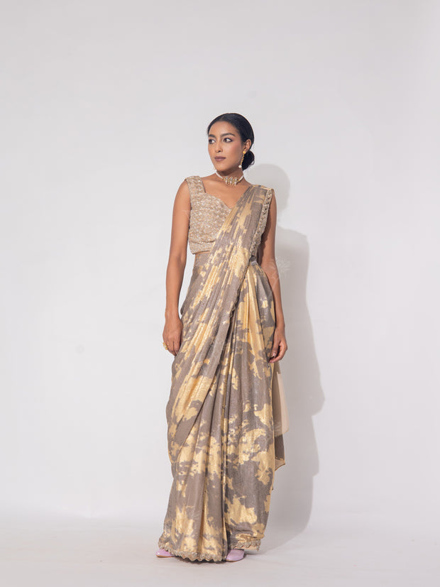 Brown and Golden Shimmer Drape Saree