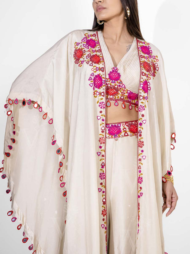 Off-White Silk Cape and Pant Set