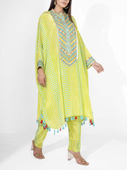 Yellow and Green Embroidered Crepe Kaftan Set