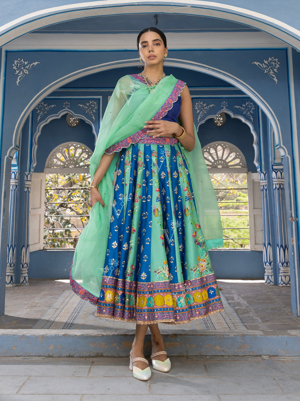 Sea Green and Blue Vasansi Silk Short Lehenga