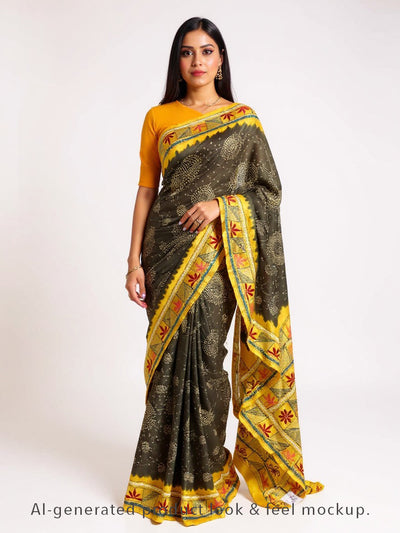 Deep Olive Bandhani Saree with Katha Work – Gajji Silk, Handmade Tie & Dye (Handloom)