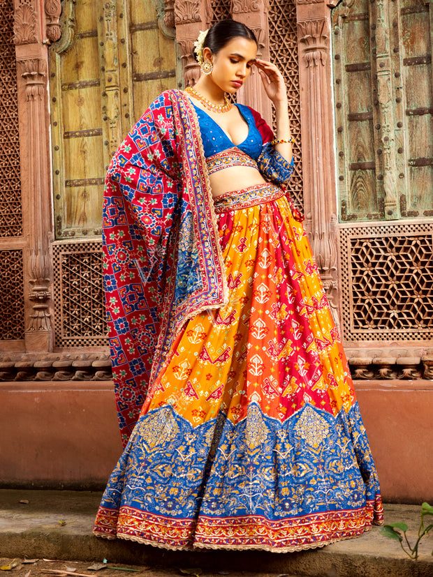 Blue and Yellow Patola Vasansi Silk Printed Lehenga
