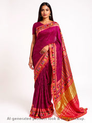 Wine Bandhani Saree with Katha Work on Pallu – Gajji Silk, Handmade Tie & Dye (Handloom)