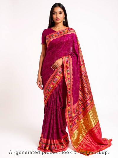 Wine Bandhani Saree with Katha Work on Pallu – Gajji Silk, Handmade Tie & Dye (Handloom)