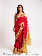 Red Bandhani Saree with Kantha Work – Gajji Silk, Handmade Tie & Dye (Handloom)