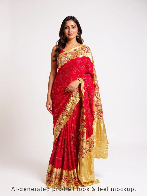 Red Bandhani Saree with Kantha Work – Gajji Silk, Handmade Tie & Dye (Handloom)