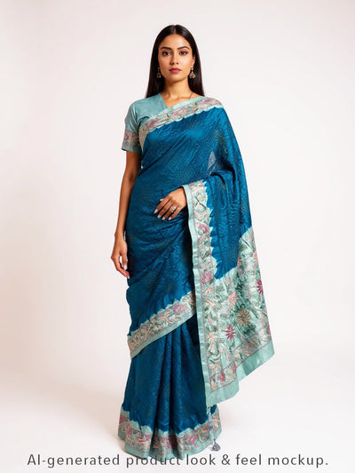 Blue Bandhani Saree with Kantha Work – Munga Silk, Handmade Tie & Dye (Handloom)