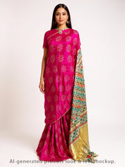 Pink Bandhani Saree with Katha Work – Gajji Silk, Handmade Tie & Dye (Handloom)