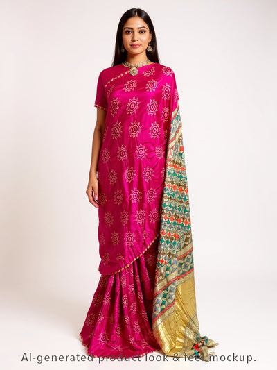 Pink Bandhani Saree with Katha Work – Gajji Silk, Handmade Tie & Dye (Handloom)