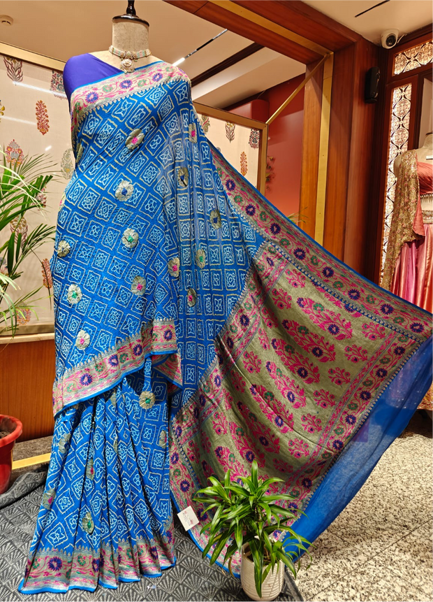 Blue Bandhej Saree with Meenakari Work – Real Georgette, Handmade Tie & Dye