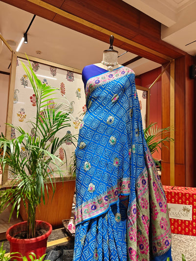 Blue Bandhej Saree with Meenakari Work – Real Georgette, Handmade Tie & Dye