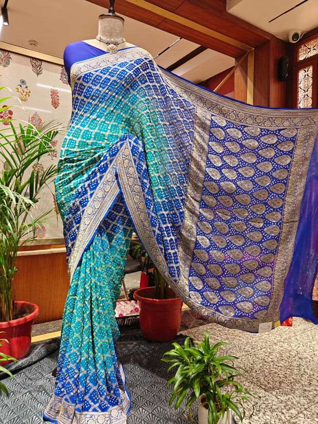 Shades of Sea Green & Blue Bandhani Saree – Real Georgette, Handmade Tie & Dye