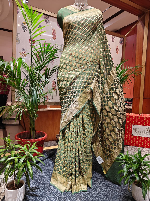 Shades of Green Bandhani Saree – Real Georgette, Handmade Tie & Dye