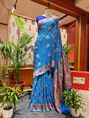 Blue Bandhej Saree with Meenakari Work – Real Georgette, Handmade Tie & Dye