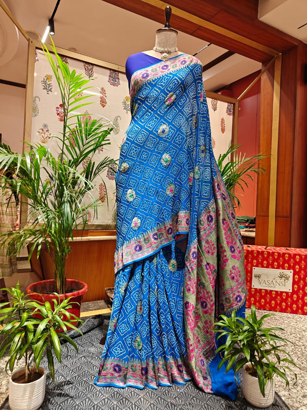 Blue Bandhej Saree with Meenakari Work – Real Georgette, Handmade Tie & Dye