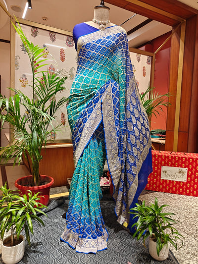 Shades of Sea Green & Blue Bandhani Saree – Real Georgette, Handmade Tie & Dye