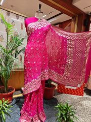 Majestic Shades of Pink Handloom Bandhani Saree with Golden & Silver Zari – Real Georgette, Handmade Tie & Dye