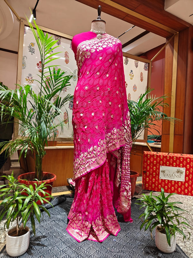 Majestic Shades of Pink Handloom Bandhani Saree with Golden & Silver Zari – Real Georgette, Handmade Tie & Dye
