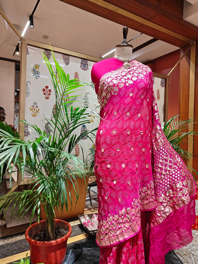 Majestic Shades of Pink Handloom Bandhani Saree with Golden & Silver Zari – Real Georgette, Handmade Tie & Dye