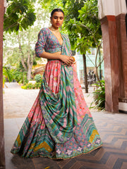 Enchanting Green and Peach Vasansi Silk Printed Lehenga Set