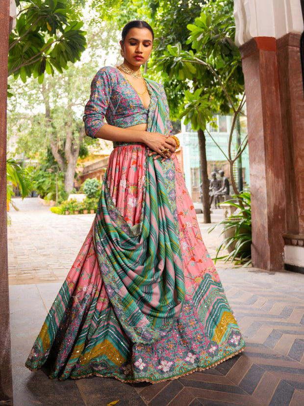 Enchanting Green and Peach Vasansi Silk Printed Lehenga Set