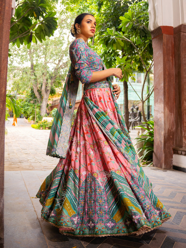 Enchanting Green and Peach Vasansi Silk Printed Lehenga Set