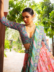 Enchanting Green and Peach Vasansi Silk Printed Lehenga Set