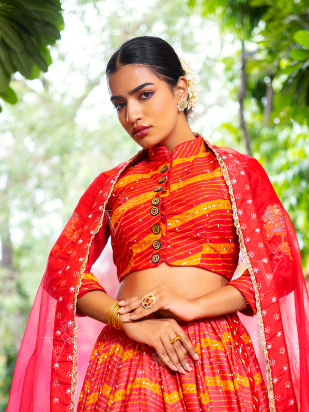 Radiant Red Vasansi Silk Leheriya Printed Lehenga Set