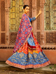 Blue and Yellow Patola Vasansi Silk Printed Lehenga