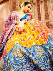 Blue and Yellow Patola Vasansi Silk Printed Lehenga