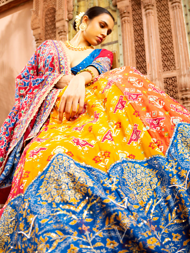 Blue and Yellow Patola Vasansi Silk Printed Lehenga