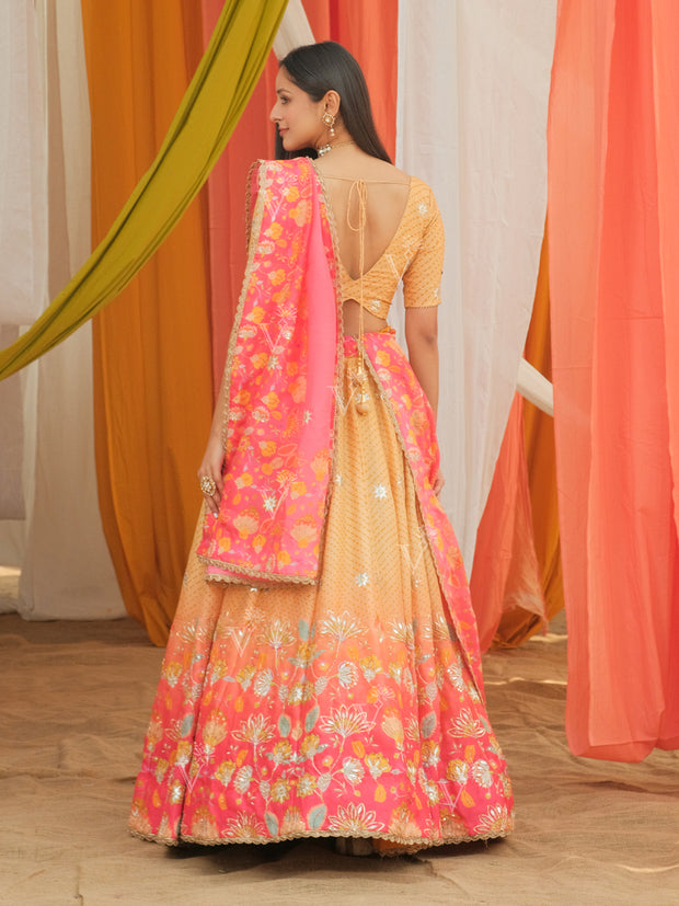 Pink and Yellow shaded Printed Lehenga Set