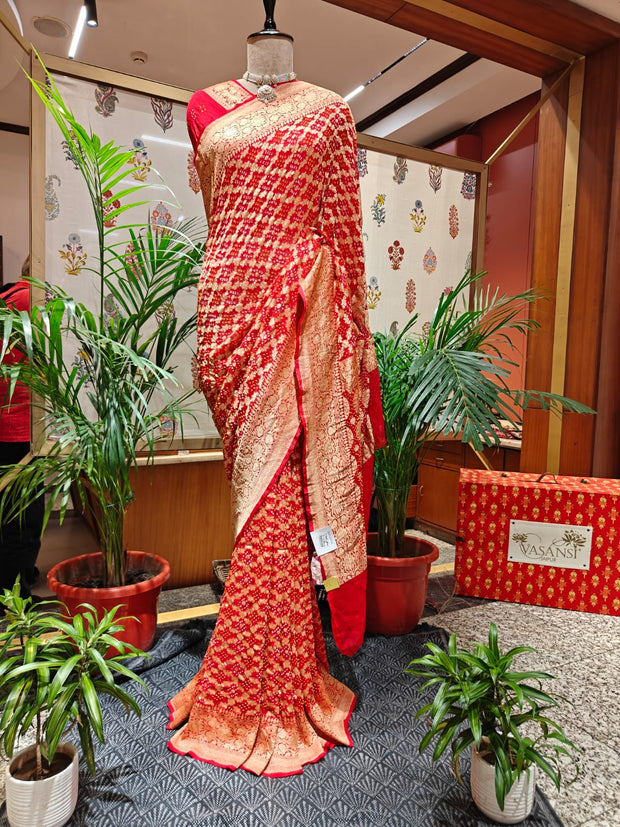 Red Bandhani Saree – Handmade Tie & Dye