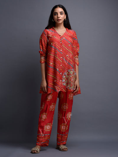 Red Vasansi Silk Leheriya Co Ord Set