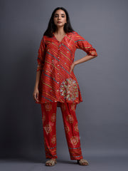 Red Vasansi Silk Leheriya Co Ord Set