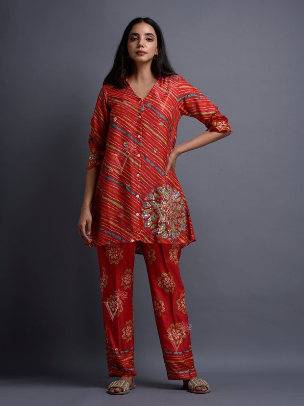 Red Vasansi Silk Leheriya Co Ord Set