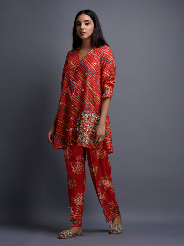 Red Vasansi Silk Leheriya Co Ord Set