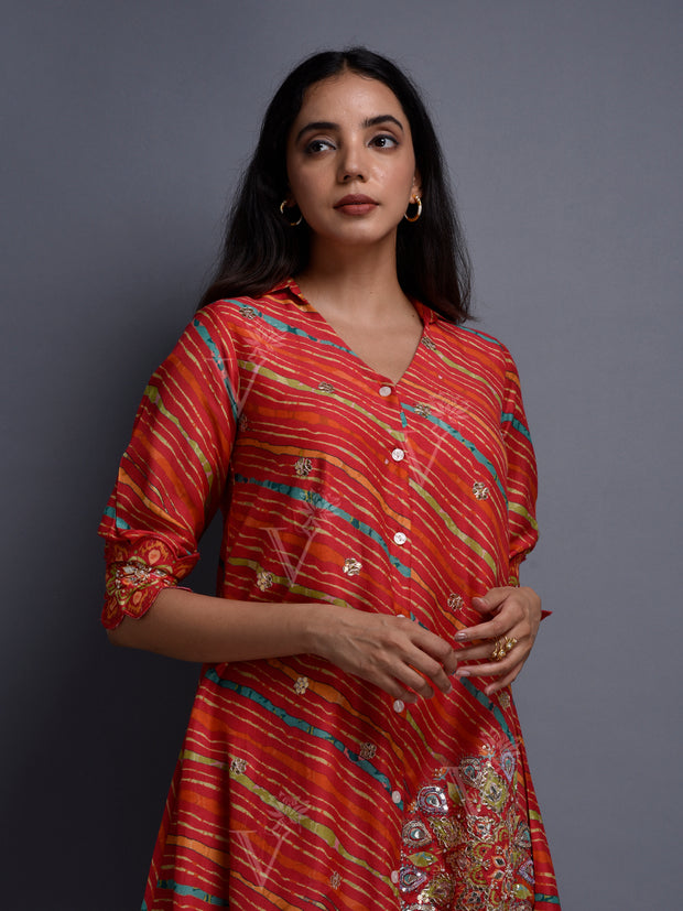Red Vasansi Silk Leheriya Co Ord Set