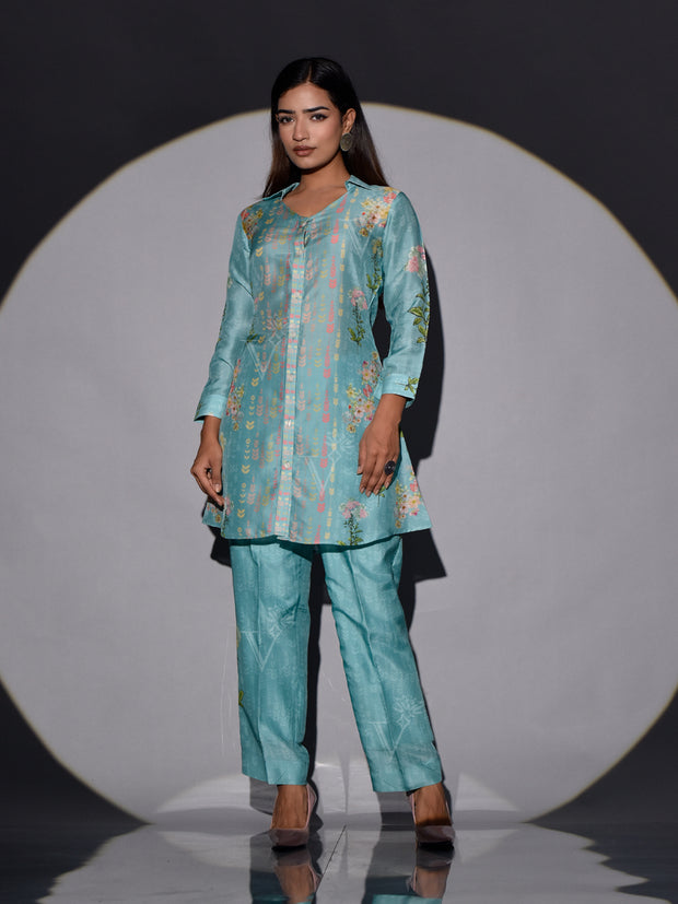 Turquoise Vasansi Silk Printed Co Ord Set