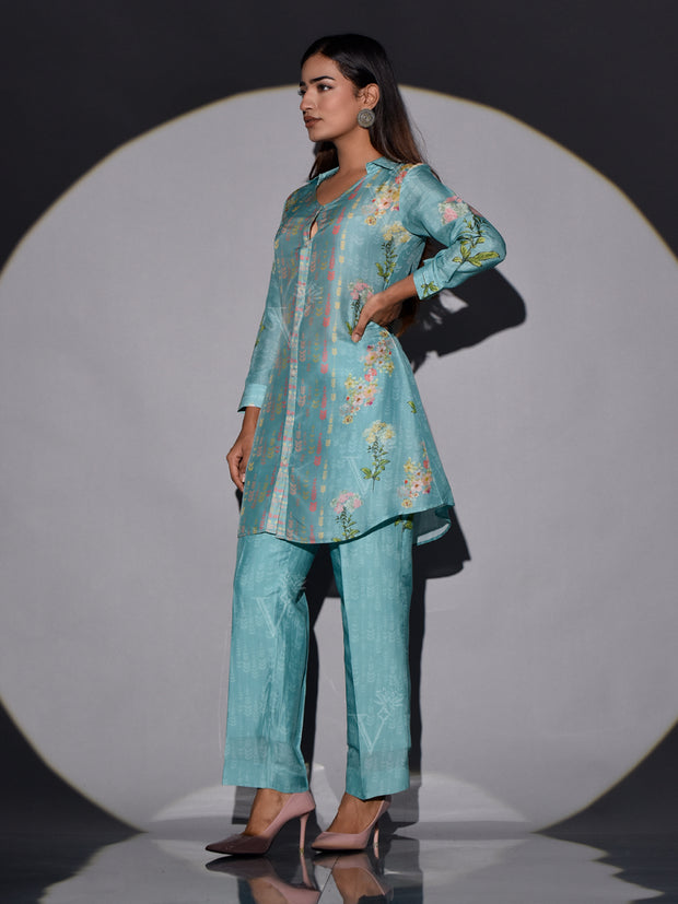 Turquoise Vasansi Silk Printed Co Ord Set