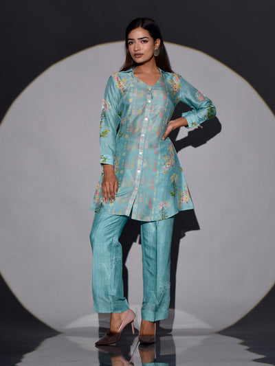 Turquoise Vasansi Silk Printed Co Ord Set