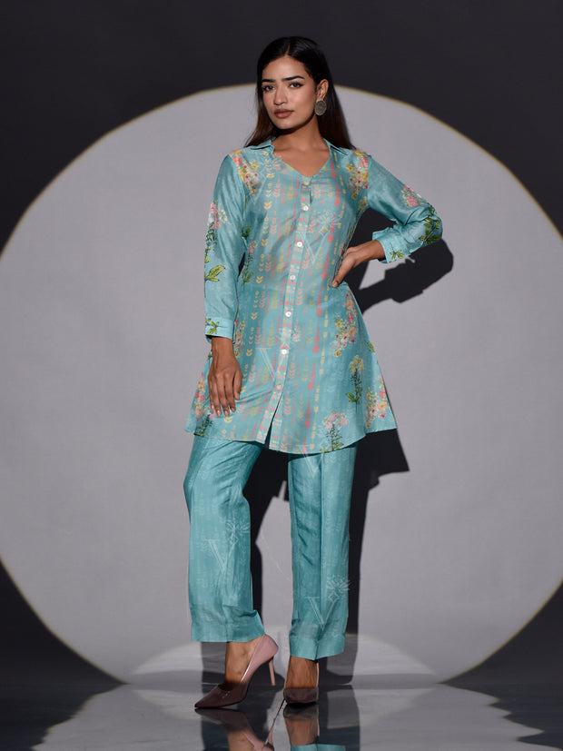 Turquoise Vasansi Silk Printed Co Ord Set